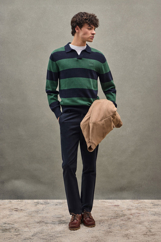 Striped polo-collar jumper in navy blue and bottle green with Polo Club patch