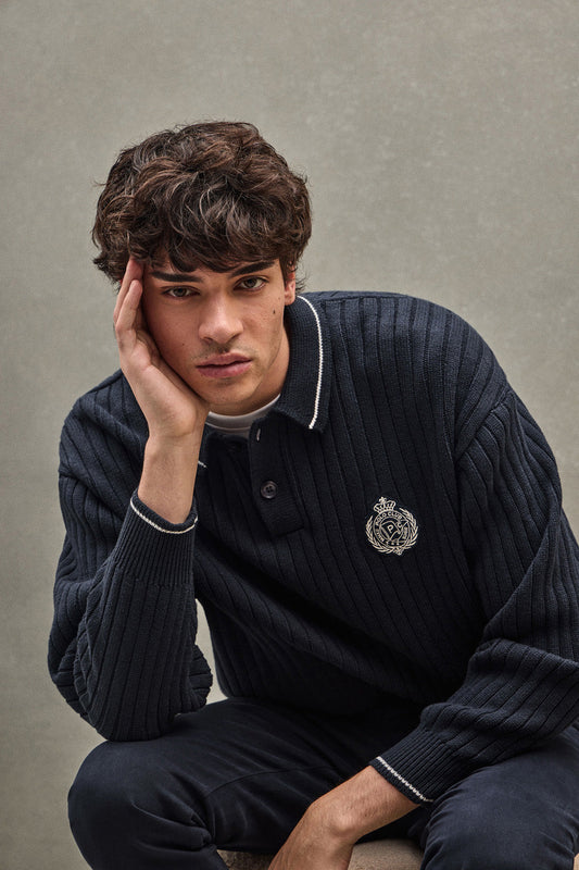 Navy-blue polo-collar jumper with Polo Club nautical patch
