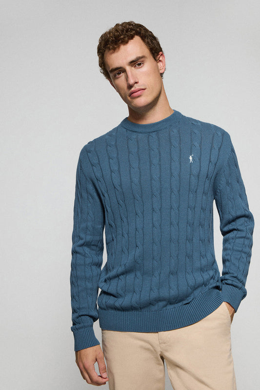 Denim-blue cable-knit jumper with Rigby Go logo