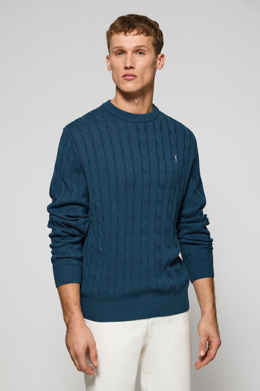Denim-blue round-neck cable-knit jumper with Rigby Go embroidery