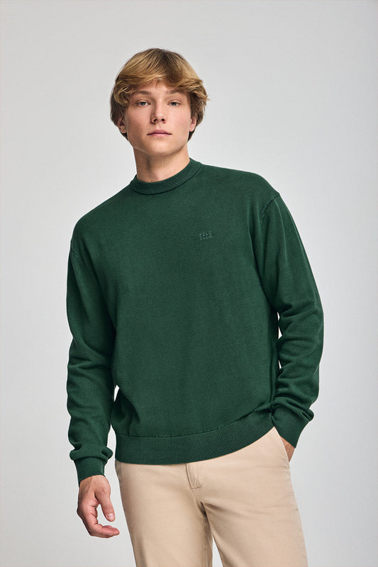 Emerald-green garment-dye jumper with round neck and embroidered logo