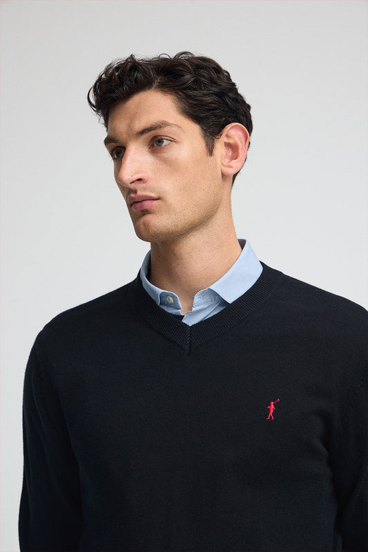 Navy-blue V-neck wool-blend jumper with Rigby Go embroidery