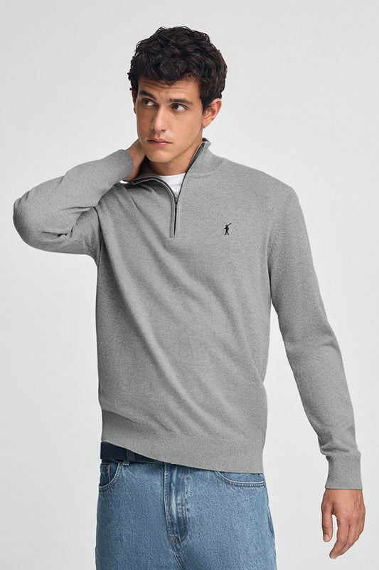Grey-marl half-zip wool-blend jumper with Rigby Go embroidery
