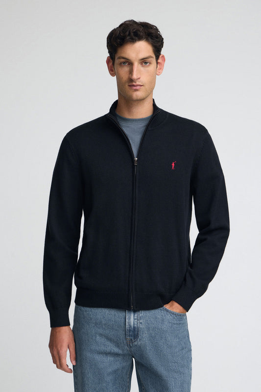 Navy-blue wool-blend cardigan with Rigby Go embroidery