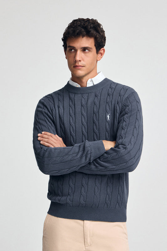 Denim-blue cable-knit wool-blend jumper with Rigby Go embroidery