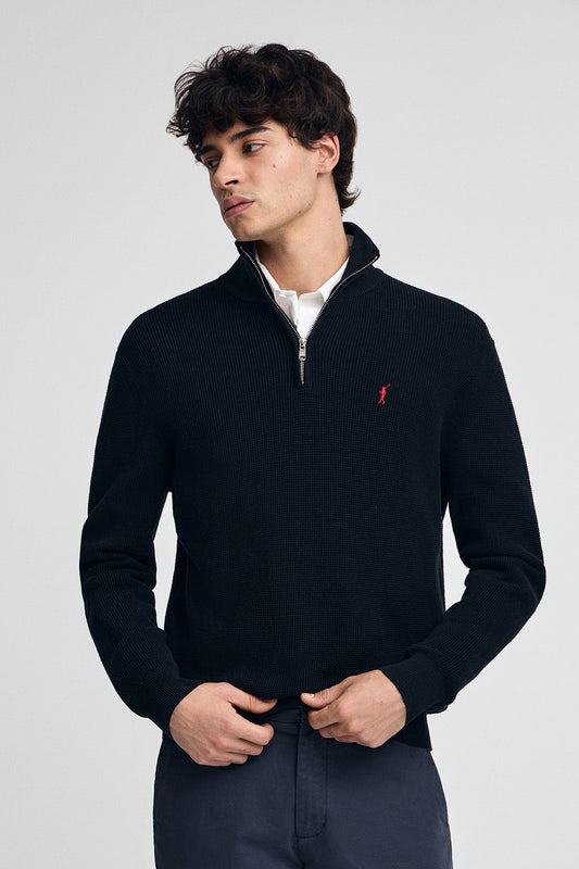 Navy-blue waffle-knit jumper with half zip and Rigby Go embroidery