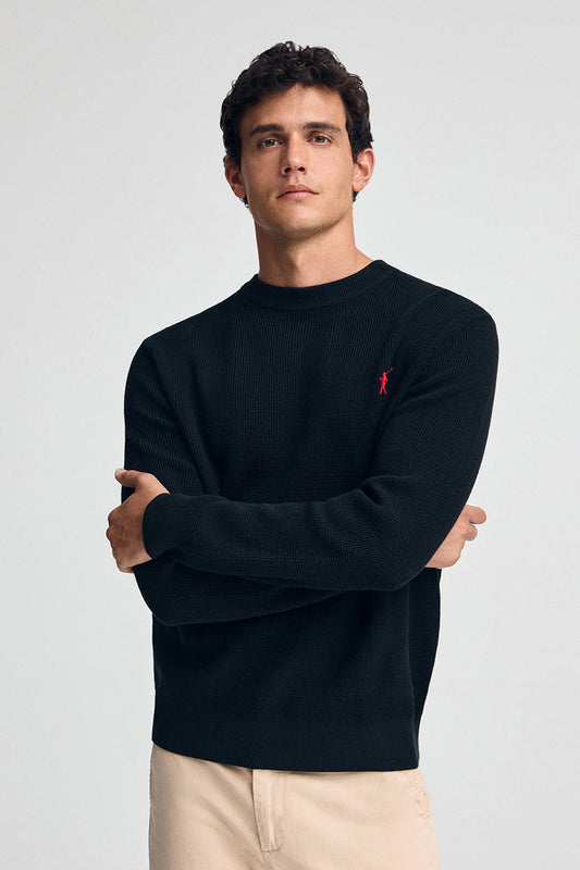 Navy-blue waffle-knit jumper with round neck and Rigby Go embroidery