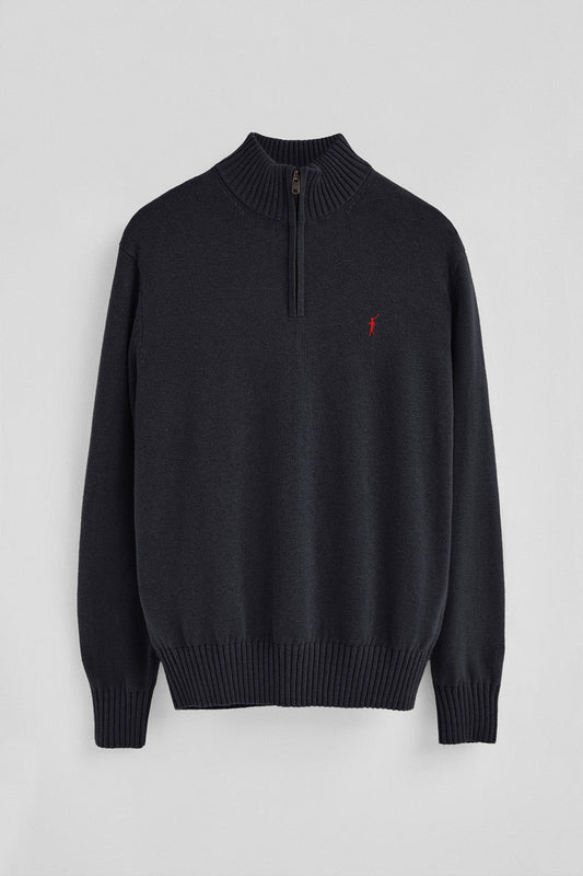 Navy-blue-marl half-zip wool-blend jumper with Rigby Go embroidery