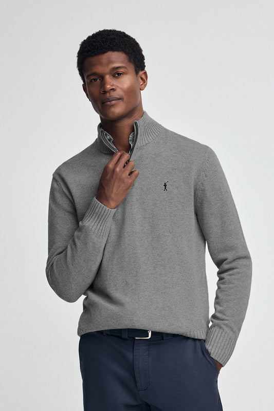 Grey-marl half-zip wool-blend jumper with Rigby Go embroidery