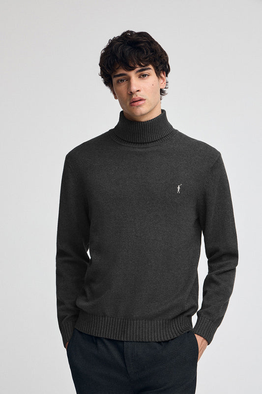 Dark-grey-marl turtleneck wool-blend jumper with Rigby Go embroidery