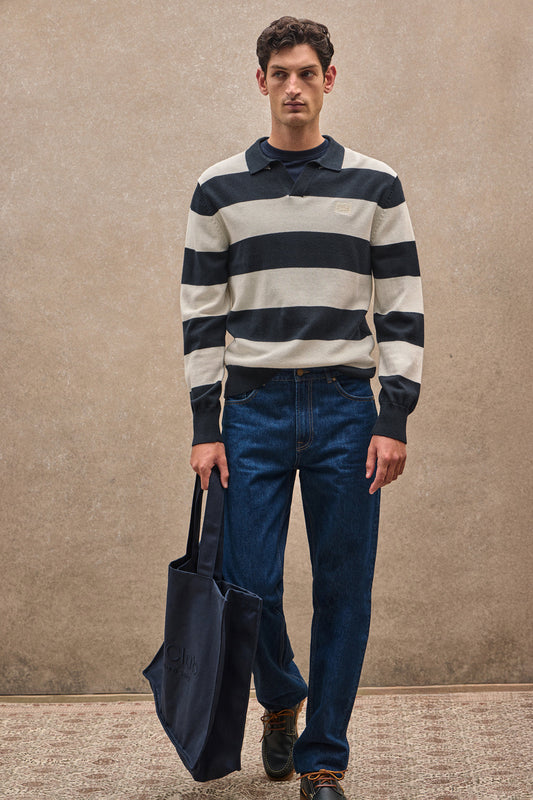 Striped polo-collar jumper in navy blue and nude with Polo Club patch